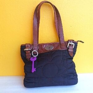 FOSSIL Stylish Black and Brown Quilted Tote Bag with Keys